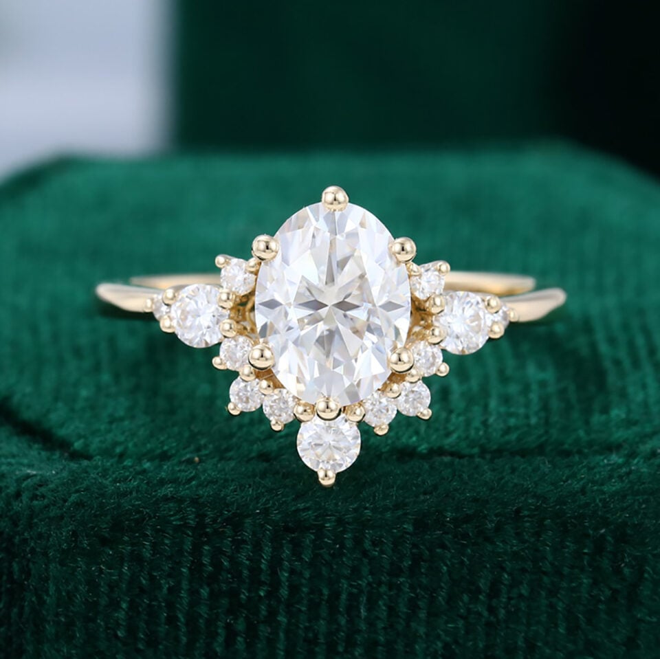 1.5CT Oval Cut Moissanite Bottom Cluster Engagement Ring